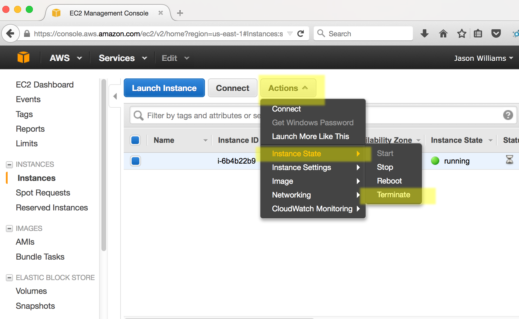 Screenshot of AWS EC2 dashboard showing drop-down menu for terminating an instance.